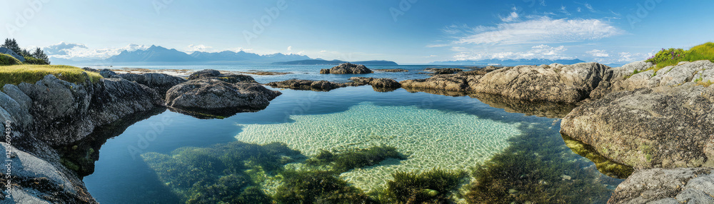 Fototapeta premium Small tidal pool with clear water reflecting bright skies and rocky shoreline