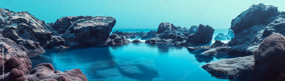 Vivid tidal pool with glowing rock outlines under bright sky Vivid tidal pool with glowing rock outlines under bright sky