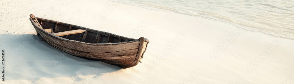 Fototapeta Small wooden boat resting on a serene white sand beach under a bright sky