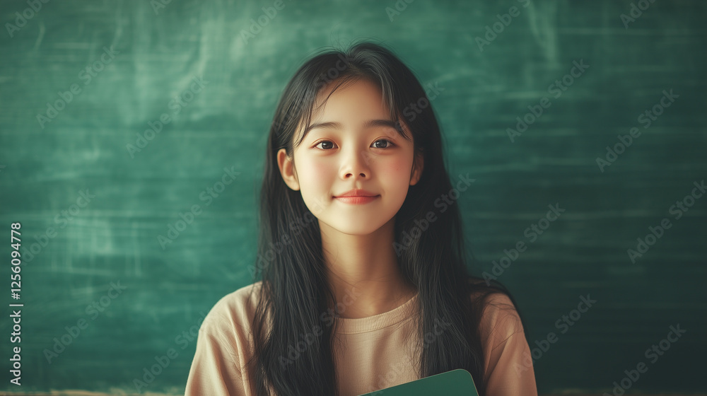 Student smiles in a classroom setting holding a notebook with a green chalkboard in the background during daytime. Generative AI Student smiles in a classroom setting holding a notebook with a green chalkboard in the background during daytime. Generative AI