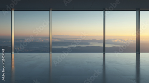 Beautiful sunrise over the city skyline with mountains in the distance viewed from a modern glass-walled room. Generative AI