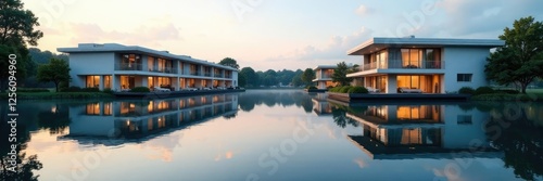 Reflections of adjacent building windows in a calm lake, calm, water
