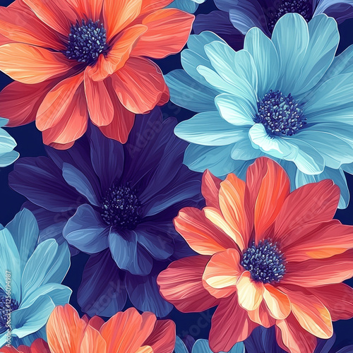 Colorful floral pattern on dark background, ideal for textile or wallpaper design