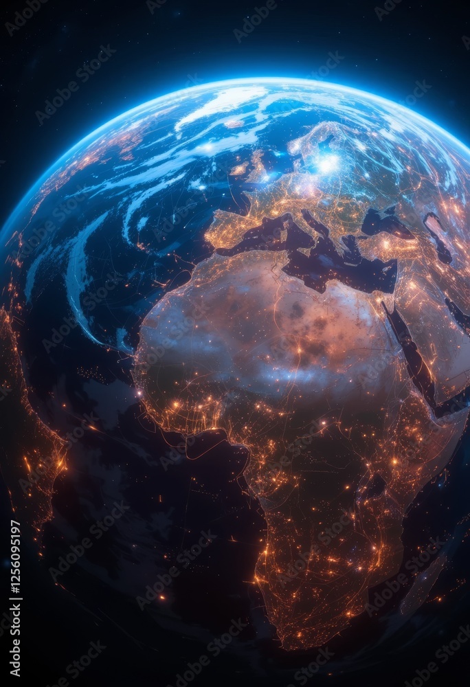 Fototapeta premium Planet Earth from space with glowing oceans and continents, surrounded by intricate digital patterns Generative AI