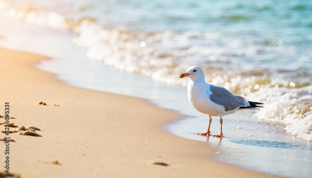 Lone seagull walking along sandy beach at sunrise, peaceful vacation Lone seagull walking along sandy beach at sunrise, peaceful vacation
