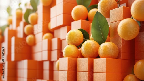 A bunch of oranges are displayed in a building made of blocks