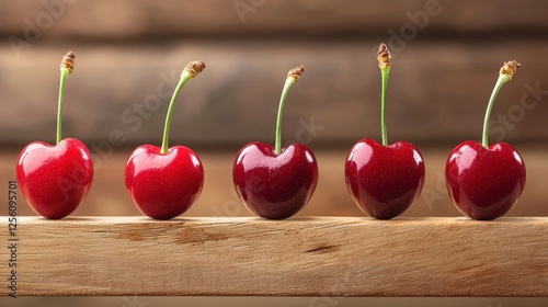 A row of five cherries are sitting on a wooden surface photo