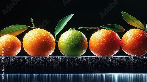 A row of oranges and limes with water droplets on them