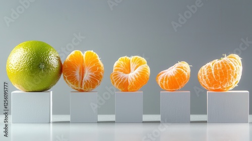 A row of oranges and a lime, with the oranges being cut in half