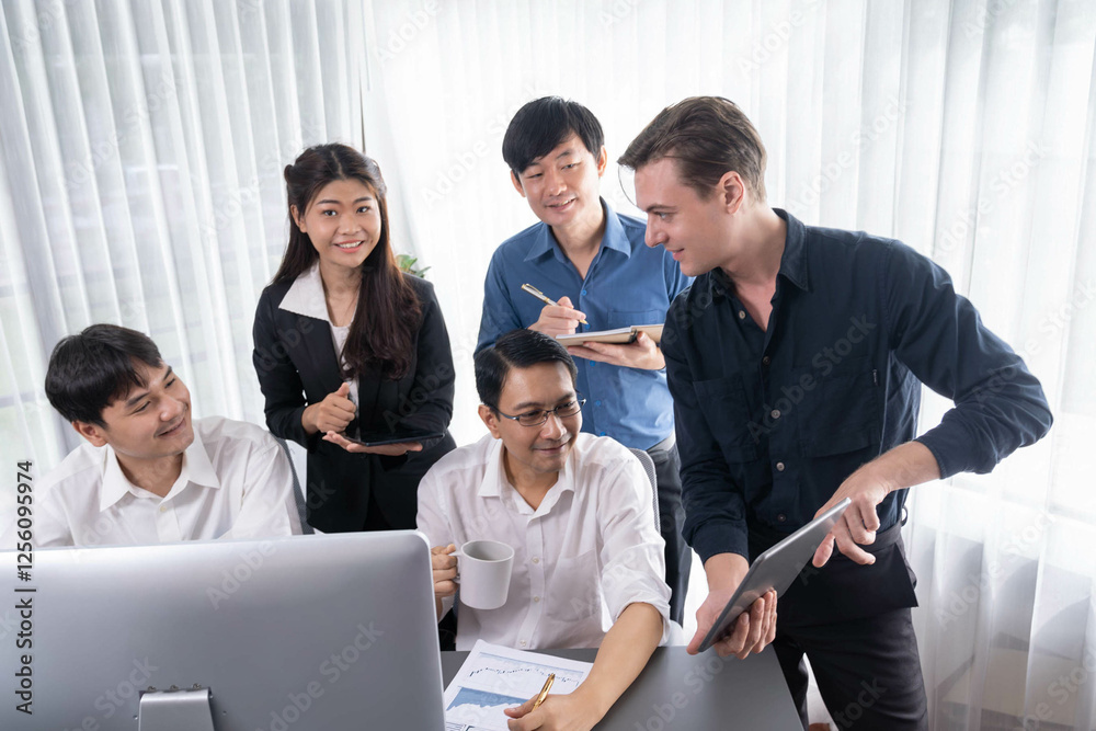 Group of diverse office worker employee working together on strategic business marketing planning in corporate office room. Positive teamwork in business workplace concept. Prudent Group of diverse office worker employee working together on strategic business marketing planning in corporate office room. Positive teamwork in business workplace concept. Prudent