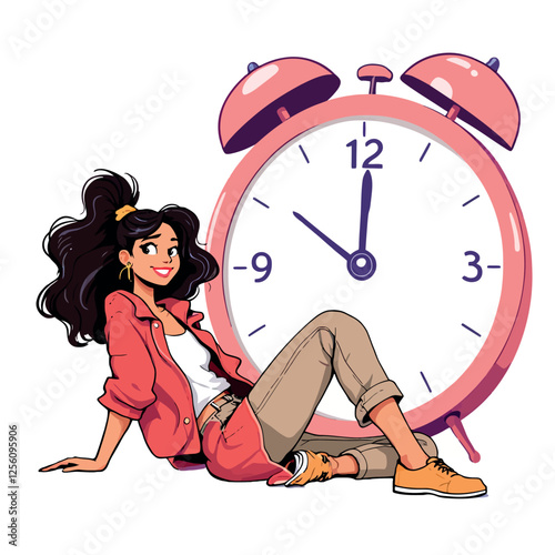 Vsai young woman relaxing next to giant alarm clock showing noon or midnight