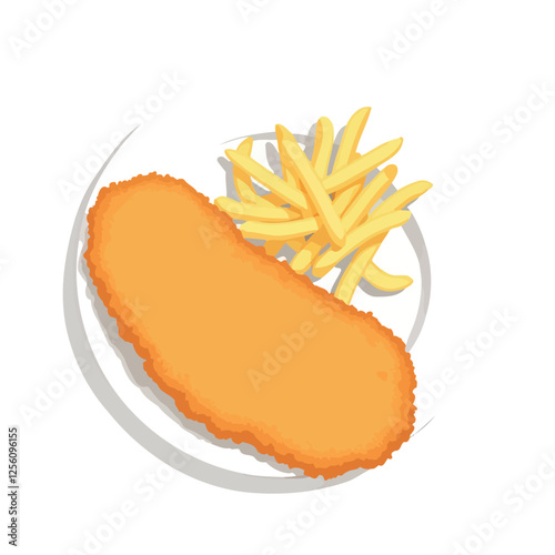 Vsai breaded fish fillet with french fries on white plate