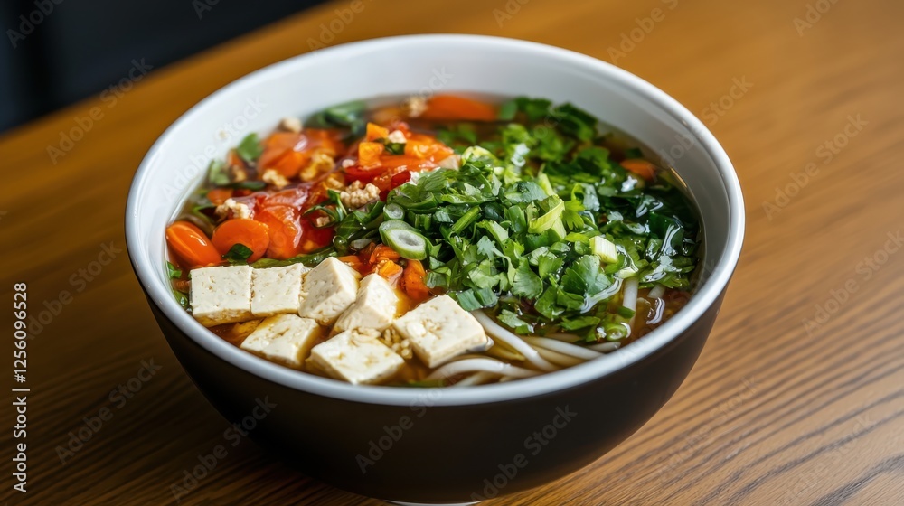 Artfully arranged vegetarian pho with colorful vegetables and tofu overhead angle soft diffused light culinary photography