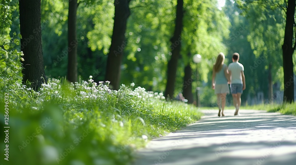 Fototapeta premium Couple strolling park path, summer sunlight, trees, green grass.