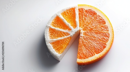 A slice of orange is cut in half, revealing the white pith underneath