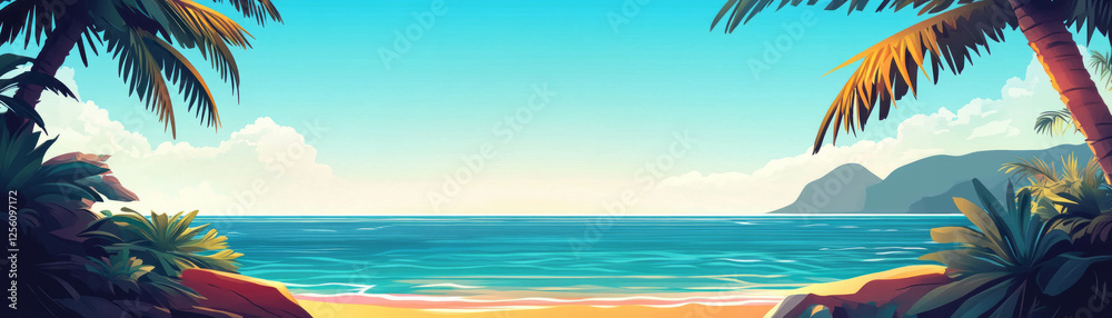 View of ocean horizon framed by palm trees on a bright tropical day View of ocean horizon framed by palm trees on a bright tropical day