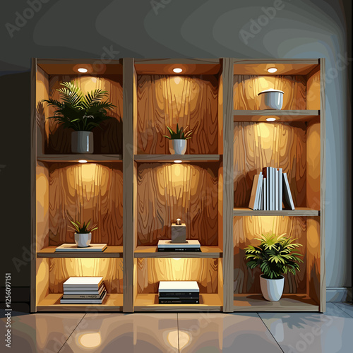 Modern wooden shelf design with warm lighting, home decor enhancement