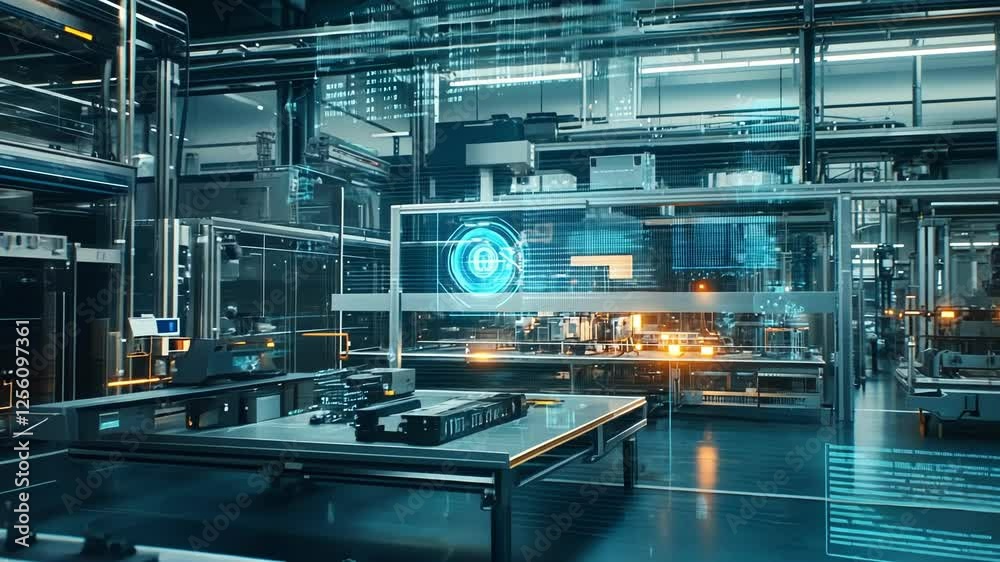 Inside a high tech industrial factory, data analysis and artificial intelligence are managing operations, optimizing production processes and improving efficiency in a futuristic setting
