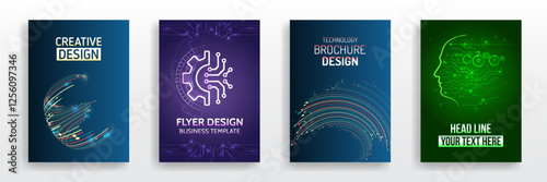 Modern technology design for posters. Futuristic background for flyer, brochure. Scientific cover template for presentation, banner. Page layout set for sci-fi. Set of high-tech covers for marketing.