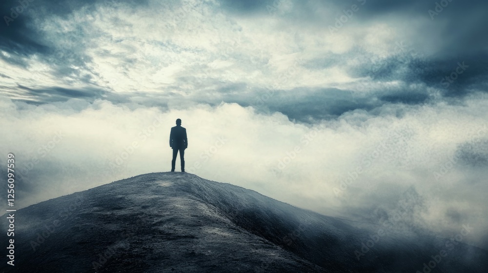 Solitary Figure on Mountain Summit Under Dramatic Cloudy Sky Solitary Figure on Mountain Summit Under Dramatic Cloudy Sky