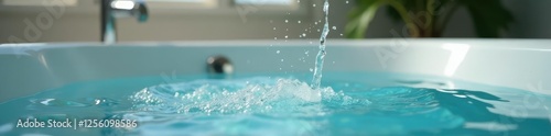 Soft water droplets falling onto the bathtub's surface, glassy surfaces, bath