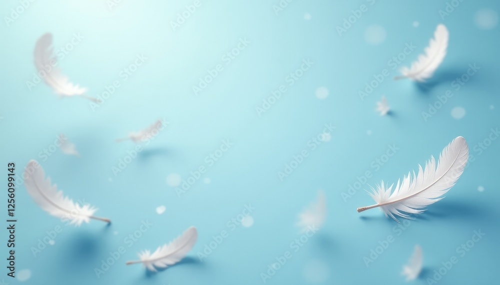 Soft white feathers scattered on a light blue sky background, soft focus, peaceful Soft white feathers scattered on a light blue sky background, soft focus, peaceful