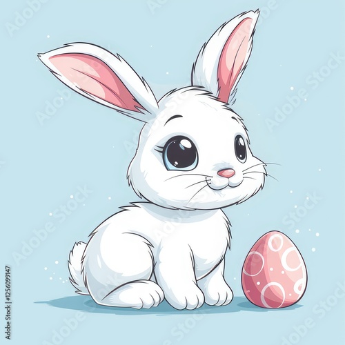 A cute white rabbit is sitting right next to a colorful easter egg