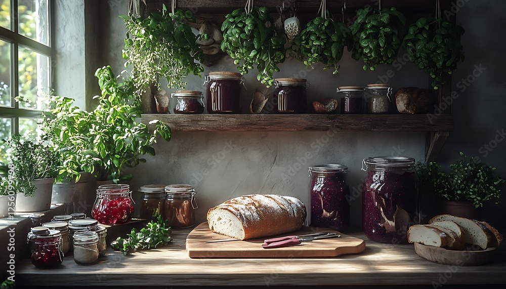 Rustic kitchen scene with homemade preserves, bread, and herbs. Rustic kitchen scene with homemade preserves, bread, and herbs.