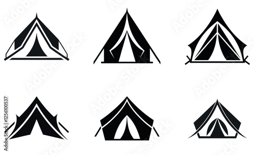 Simple black and white camping tent icon.