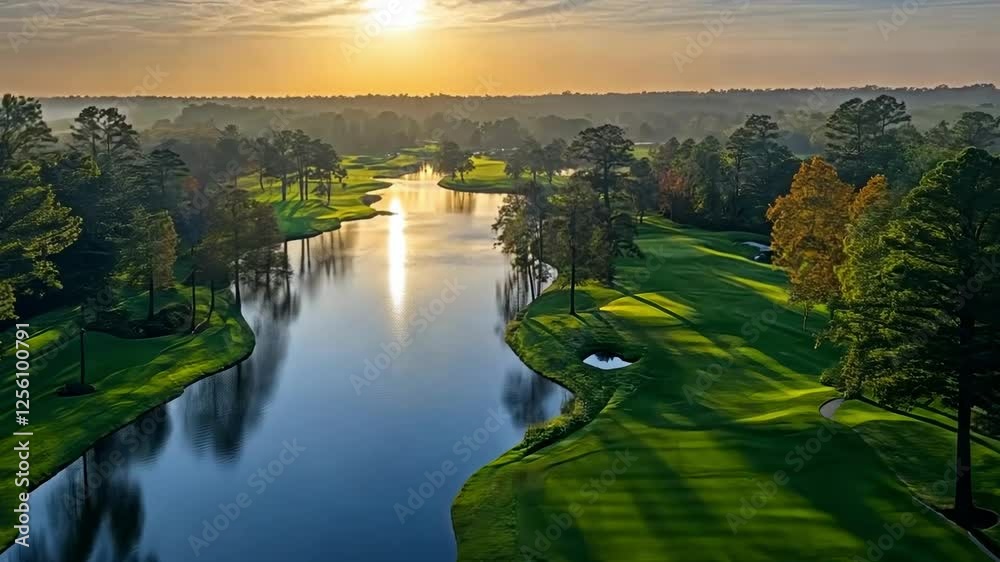 Beautiful sunrise over a serene golf course with reflections on the water Beautiful sunrise over a serene golf course with reflections on the water