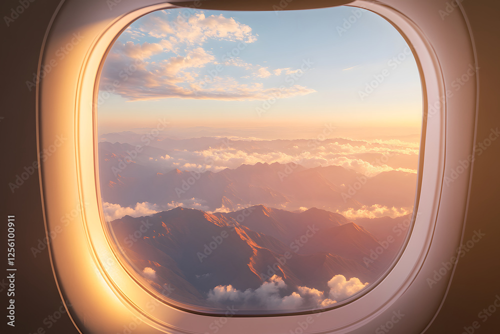 landscape of a mountain range as seen from an airplane window. bright sun. travel by plane. top view. beautiful sunrise over the mountains landscape of a mountain range as seen from an airplane window. bright sun. travel by plane. top view. beautiful sunrise over the mountains