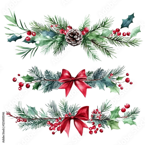 Festive watercolor Christmas wreaths with pine branches berries and red bows Holiday cheer