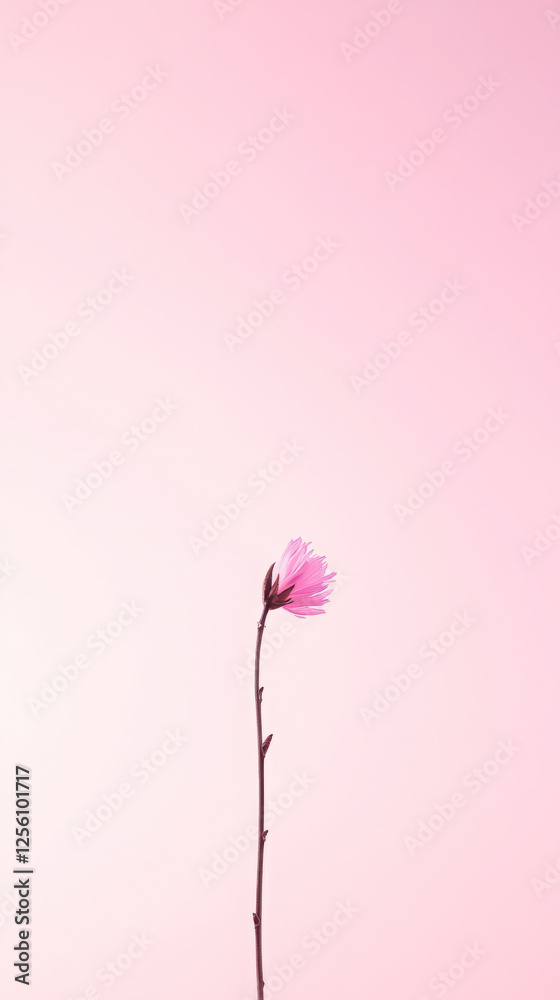 Fototapeta premium Minimalist floral design featuring single blooming branch on pastel pink background for elegant decor