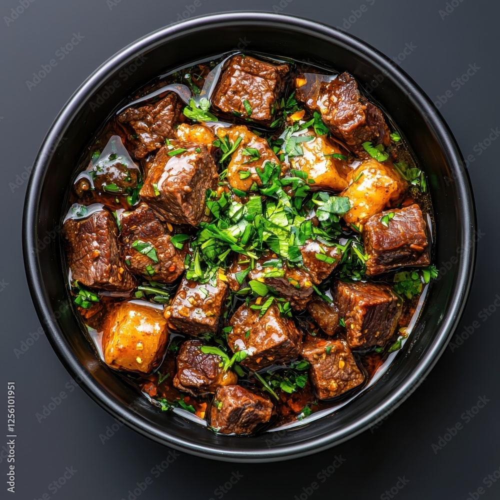 Fototapeta premium Savory beef stock in dark ceramic bowl overhead light angle culinary photography cozy kitchen environment rich flavor concept