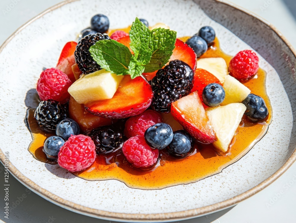 Fresh fruit medley with flavored maple drizzle bright kitchen setting overhead view vibrant colors realistic presentation Fresh fruit medley with flavored maple drizzle bright kitchen setting overhead view vibrant colors realistic presentation