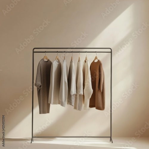 Minimalist clothing rack displays neatly arranged garments in soft, warm tones in a well lit space. Generative AI photo