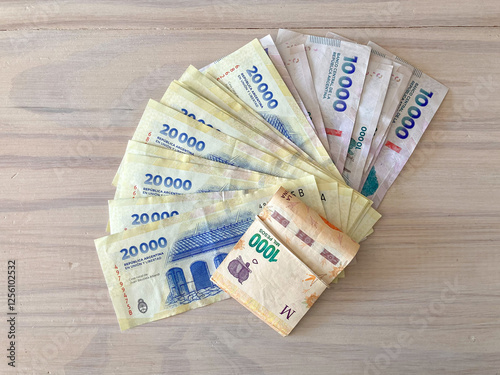 pile of new 20.000 Argentine peso bills of Central Bank of the Argentine Republic