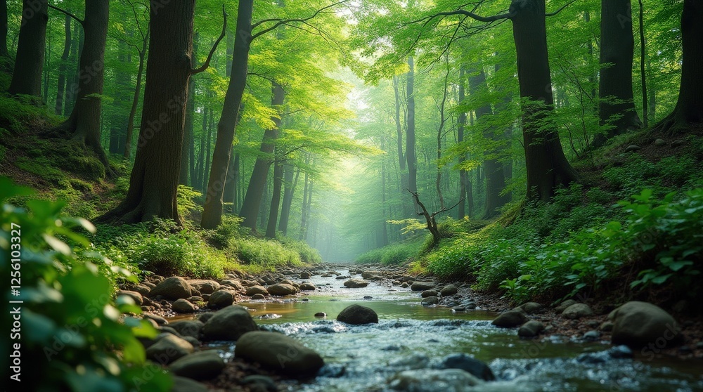 Fototapeta premium Sunlight filters through trees in a tranquil forest with a flowing stream