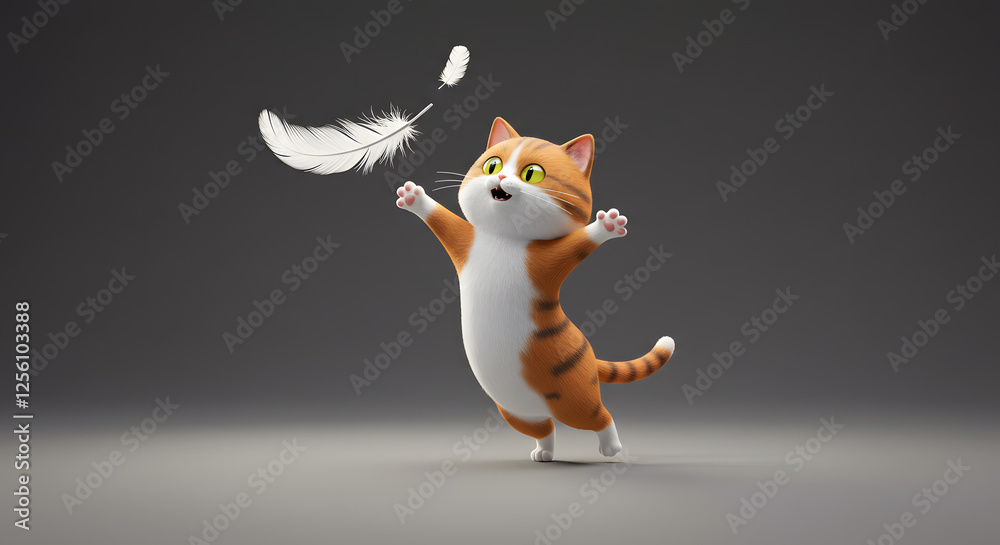Fototapeta premium Cartoon Cat Chasing Feather With Joyful Expression And Arms Outstretched