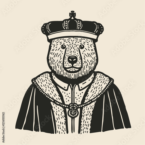 bear wearing renaissance era clothes and a crown, medieval style vintage portrait illustration