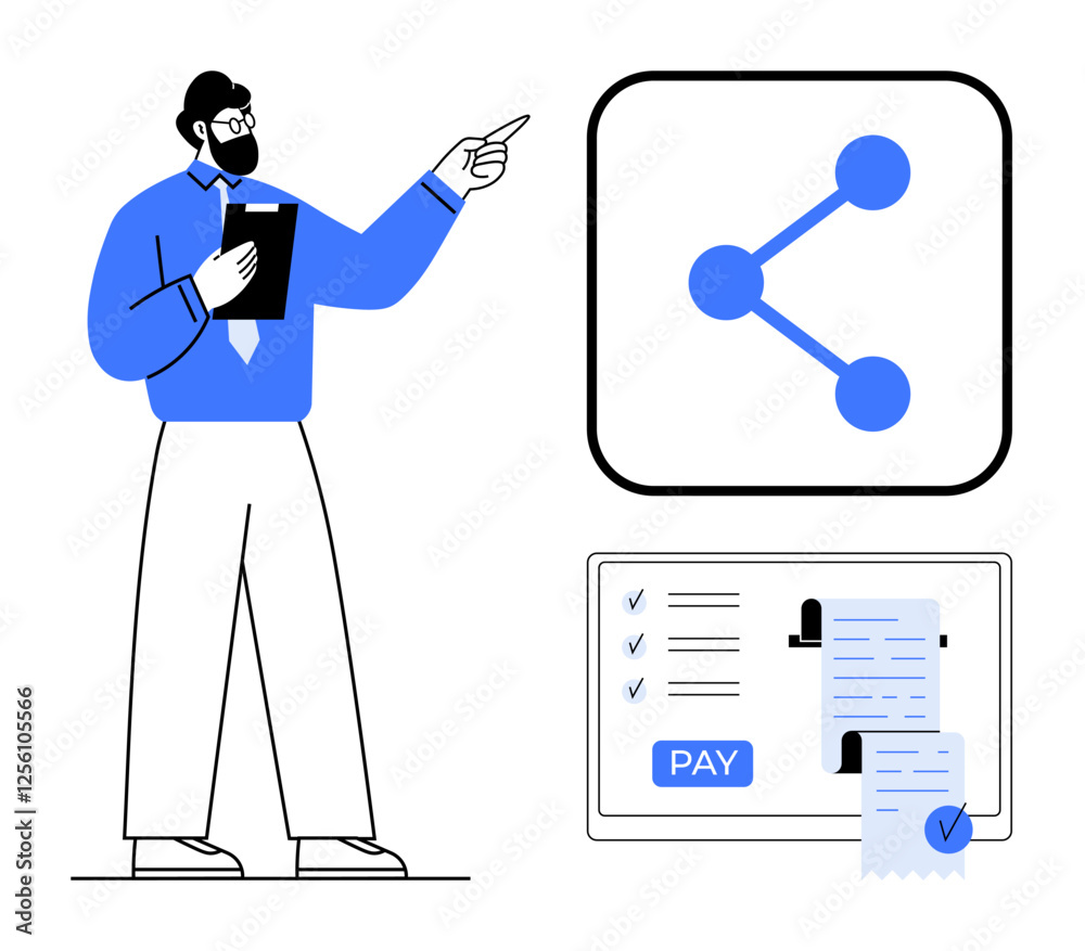 Man with clipboard pointing to share icon, invoice with a receipt, and a pay button. Ideal for business, finance, technology, communication, collaboration, networking digital transactions abstract Man with clipboard pointing to share icon, invoice with a receipt, and a pay button. Ideal for business, finance, technology, communication, collaboration, networking digital transactions abstract