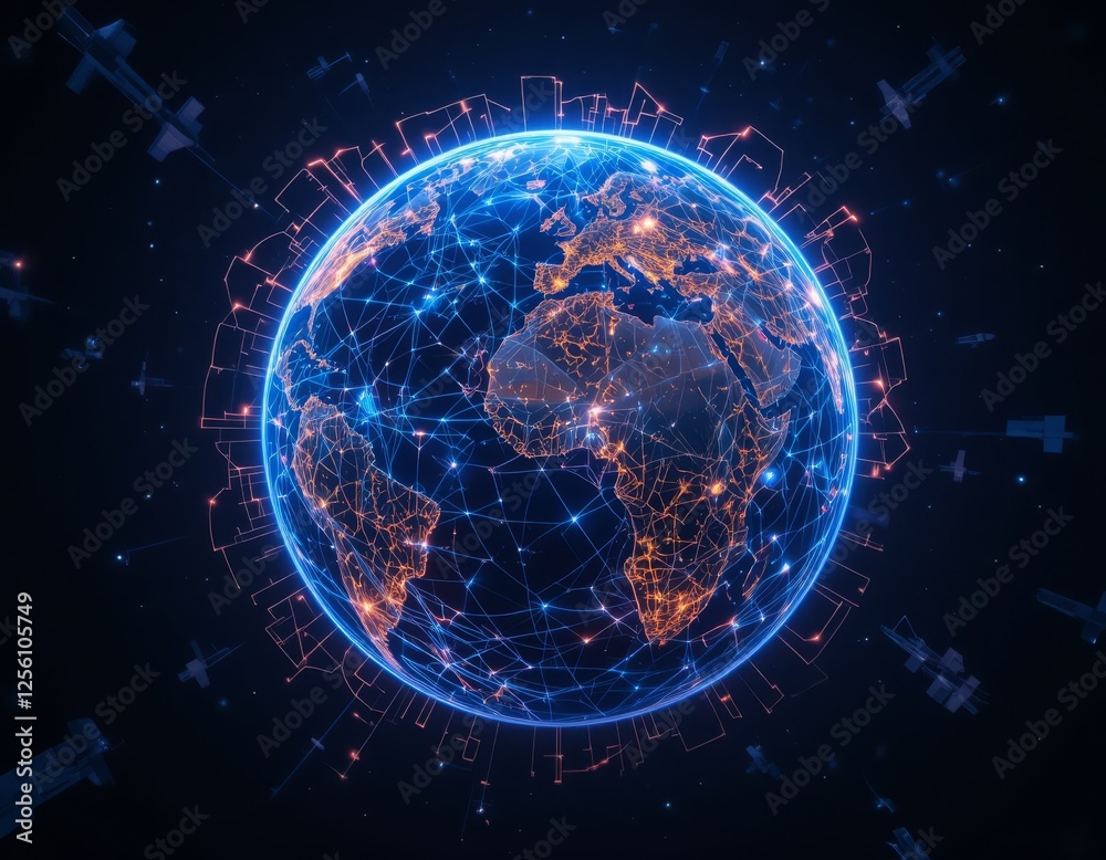 Futuristic digital Earth with glowing communication networks and satellite structures in deep space Generative AI Futuristic digital Earth with glowing communication networks and satellite structures in deep space Generative AI