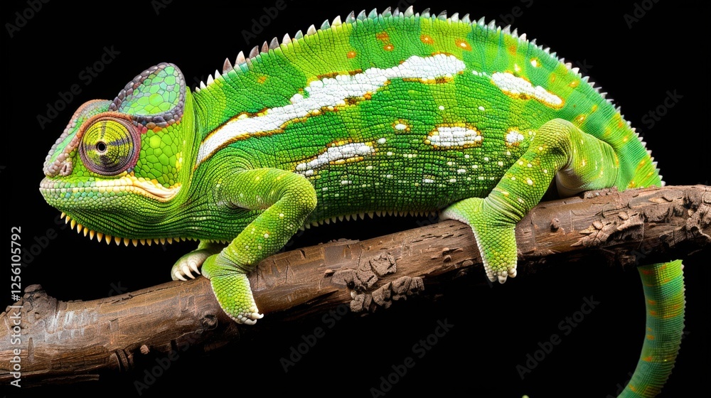 Obraz premium A vibrant green chameleon perched on a wooden branch against a black backdrop, showcasing its detailed scales and unique coloration, Ideal for nature publications, educational materials