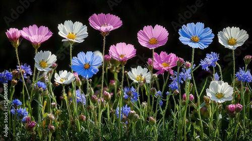 Colorful cosmos and cornflowers bloom in a garden against a dark background