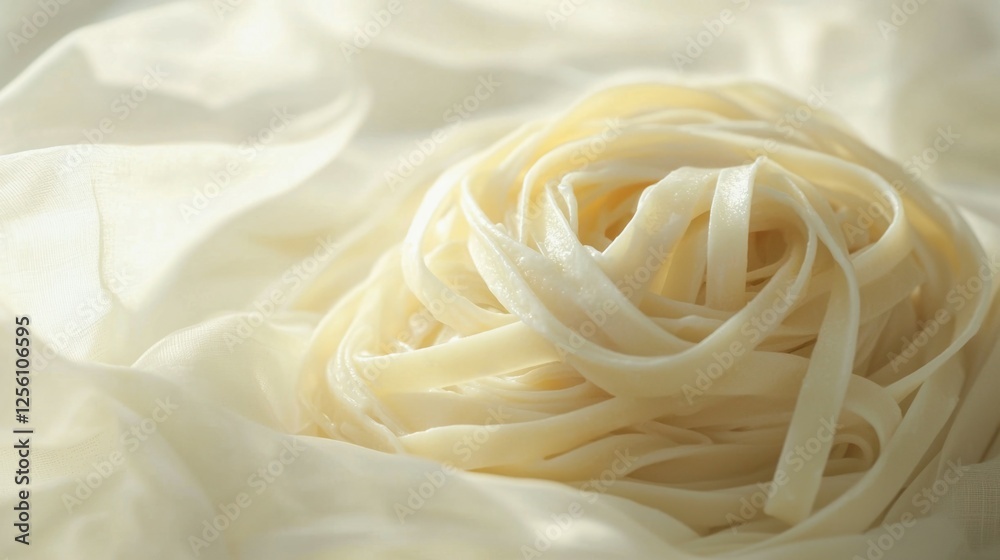 Fresh Raw Fettuccine Nest on Soft White Fabric Background Fresh Raw Fettuccine Nest on Soft White Fabric Background