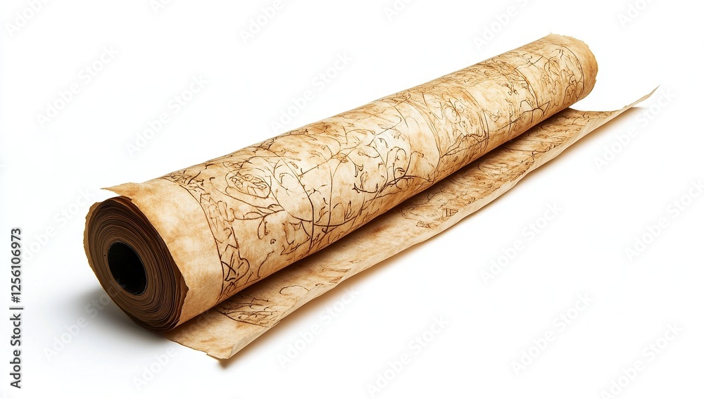 A long, thin roll of parchment paper with natural colors and intricate patterns on it. A long, thin roll of parchment paper with natural colors and intricate patterns on it.