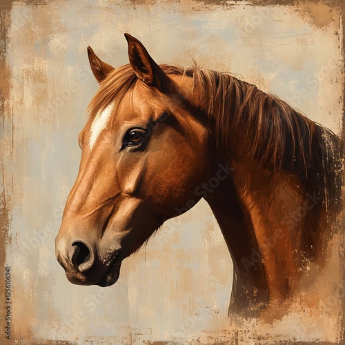 Stunning portrait of a brown horse highlighting its expressive features and flowing mane, set against a textured rustic background. photo