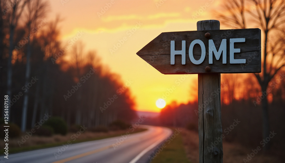 Home signboard during sunset along a winding road with calming atmosphere for peaceful journey concept, copy space Home signboard during sunset along a winding road with calming atmosphere for peaceful journey concept, copy space