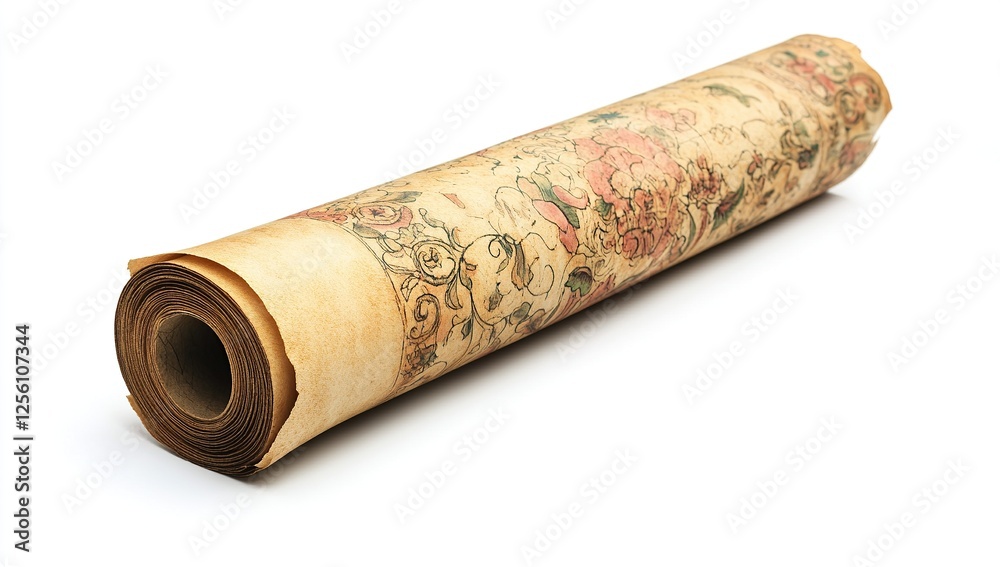 A long, thin roll of parchment paper with natural colors and intricate patterns on it A long, thin roll of parchment paper with natural colors and intricate patterns on it