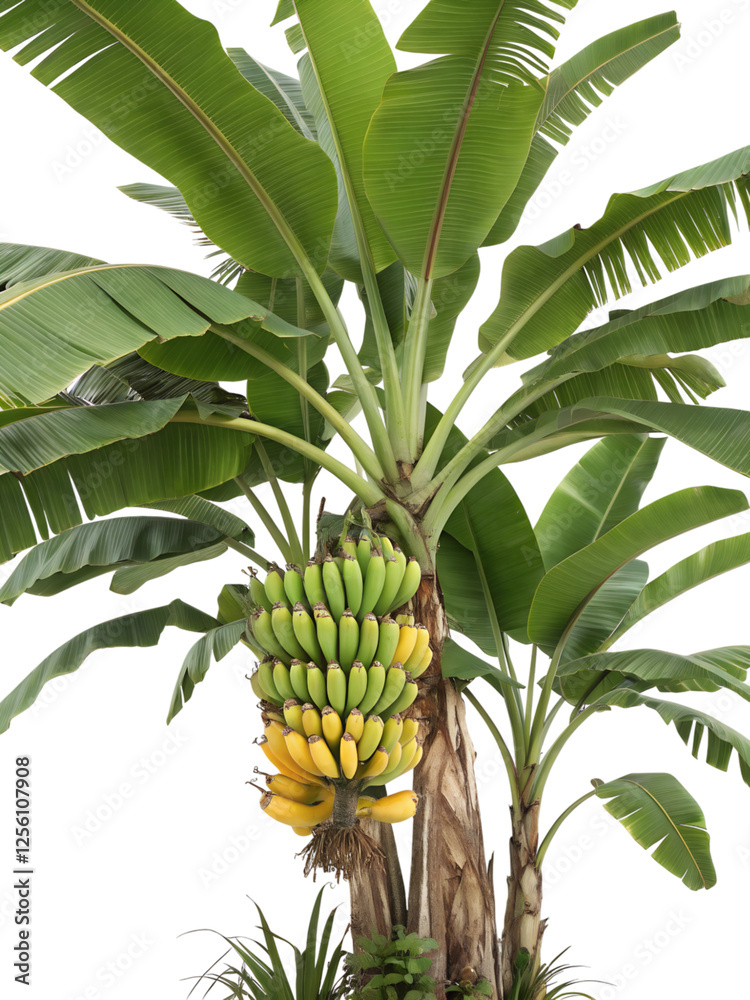 Obraz premium Lush Banana Tree with Ripening Fruit Against transparent Background
